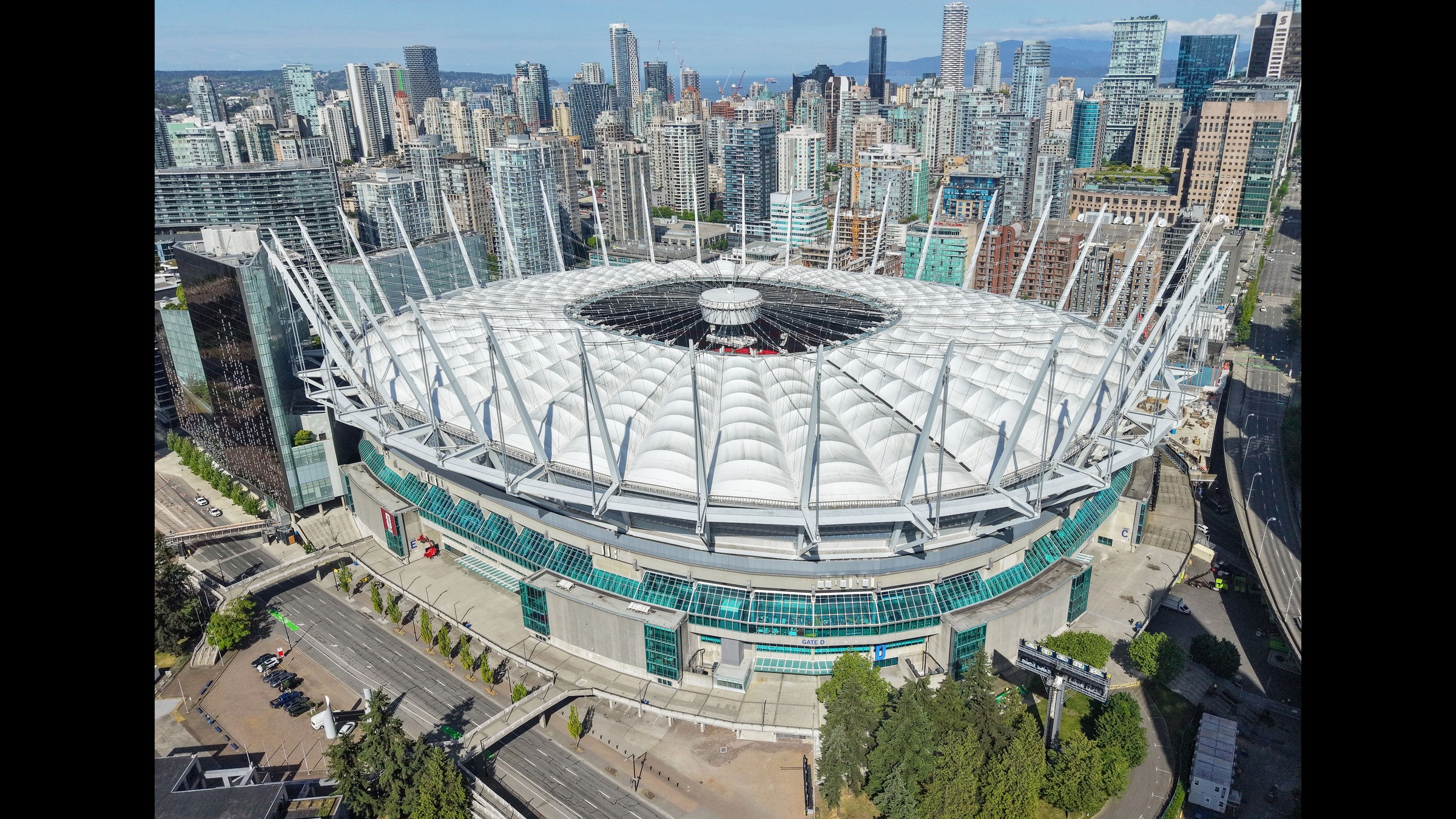 Aerial view of BC Place stadium in Vancouver, where Canada will play Qatar having traveled just 0.9 kilometres