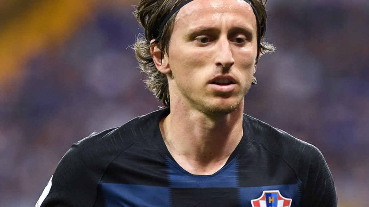Luka Modrić wearing Croatia's dark-check away kit during the 2018 FIFA World Cup