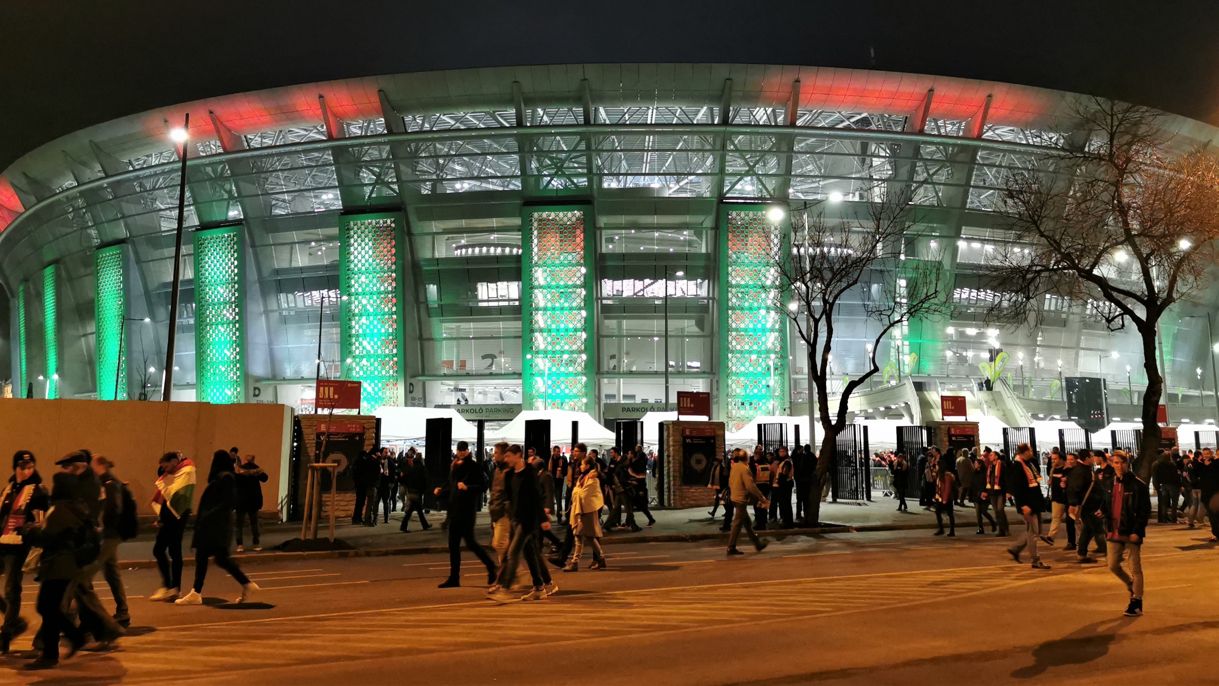 The Puskás Aréna in Budapest, host venue of the 2025-26 Champions League final, illuminated at night.