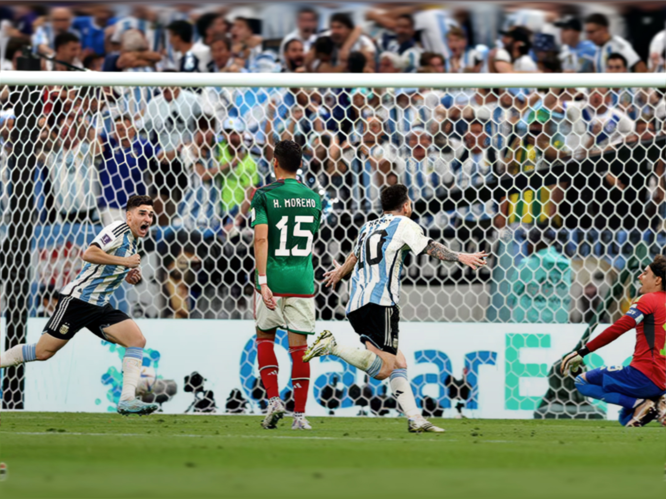 Argentina's Julián Álvarez celebrates while Lionel Messi runs toward the goal after scoring against Mexico at the 2022 FIFA World Cup in Qatar. Mexico's Héctor Moreno watches as the goalkeeper lies beaten.
